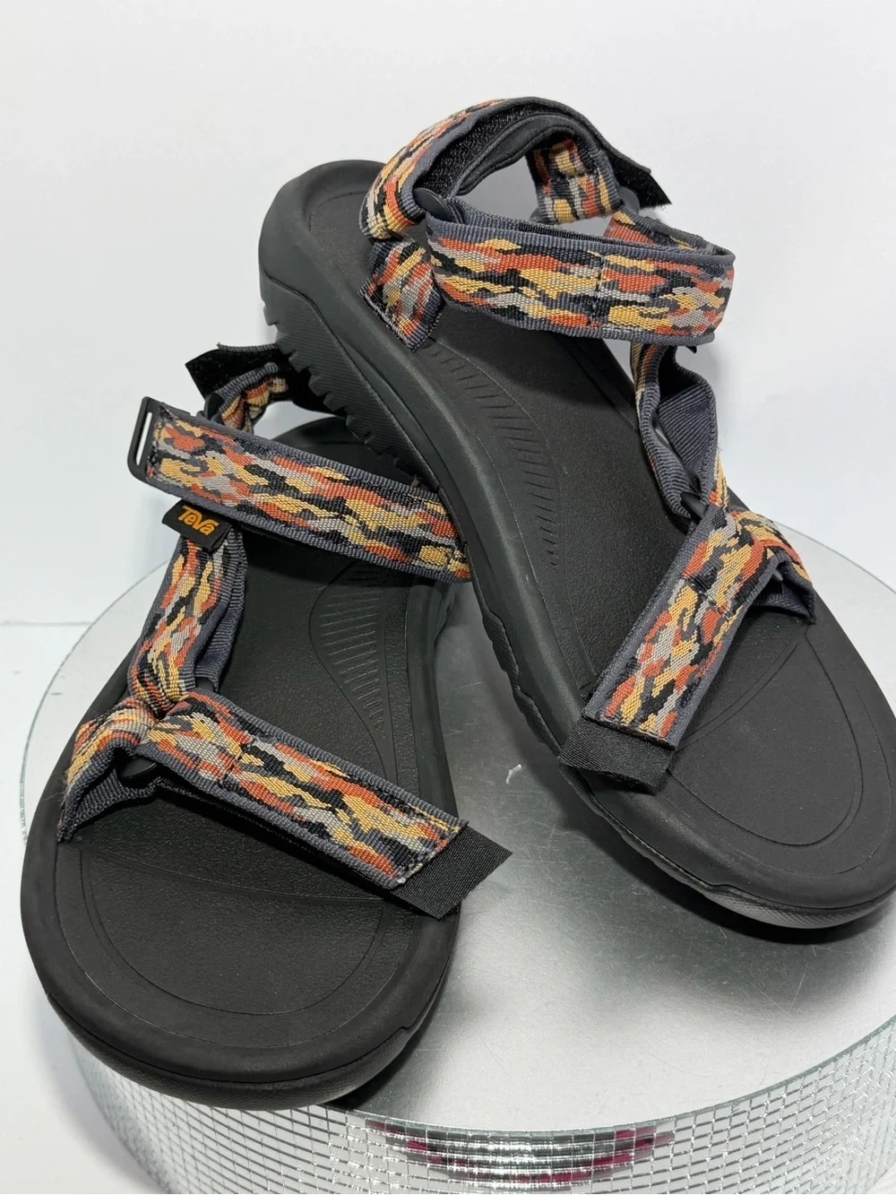 Teva Black Sandals with Orange and Yellow Accent Webbing size 9 new w /out tags